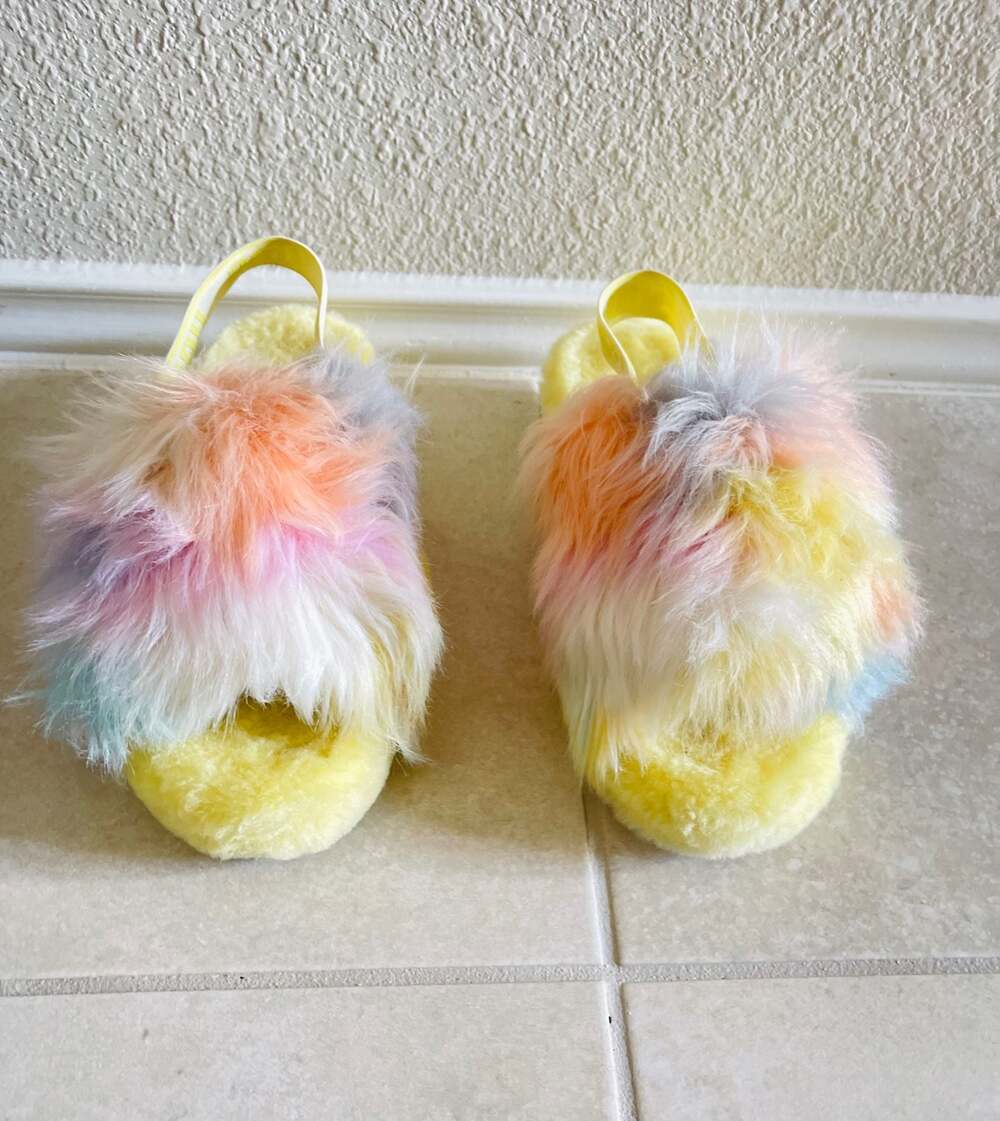 UGG Fluff Yeah Slide Slingback Slippers Yellow Multi Tie Dye